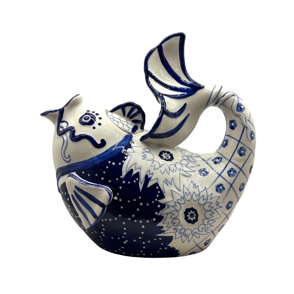 Pier 1 Blue and White Ceramic Koi Fish Teapot Hand Painted Floral Coastal Decor